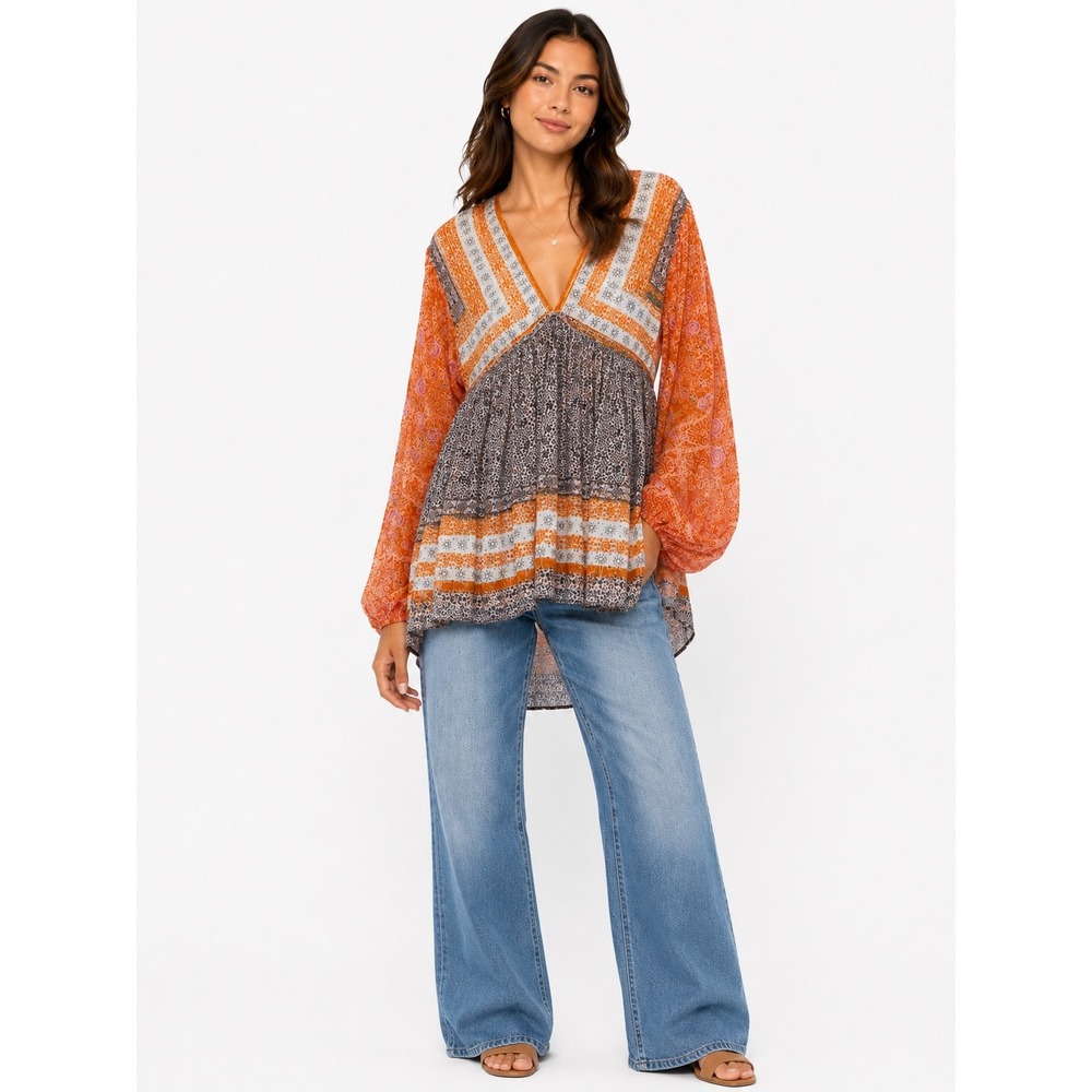 Free People Boho Shimmer Balloon Sleeve Hi Low Babydoll Top Small